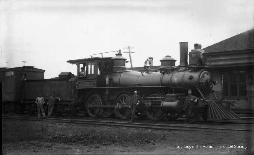 Locomotive and crew at Vernon Depot
